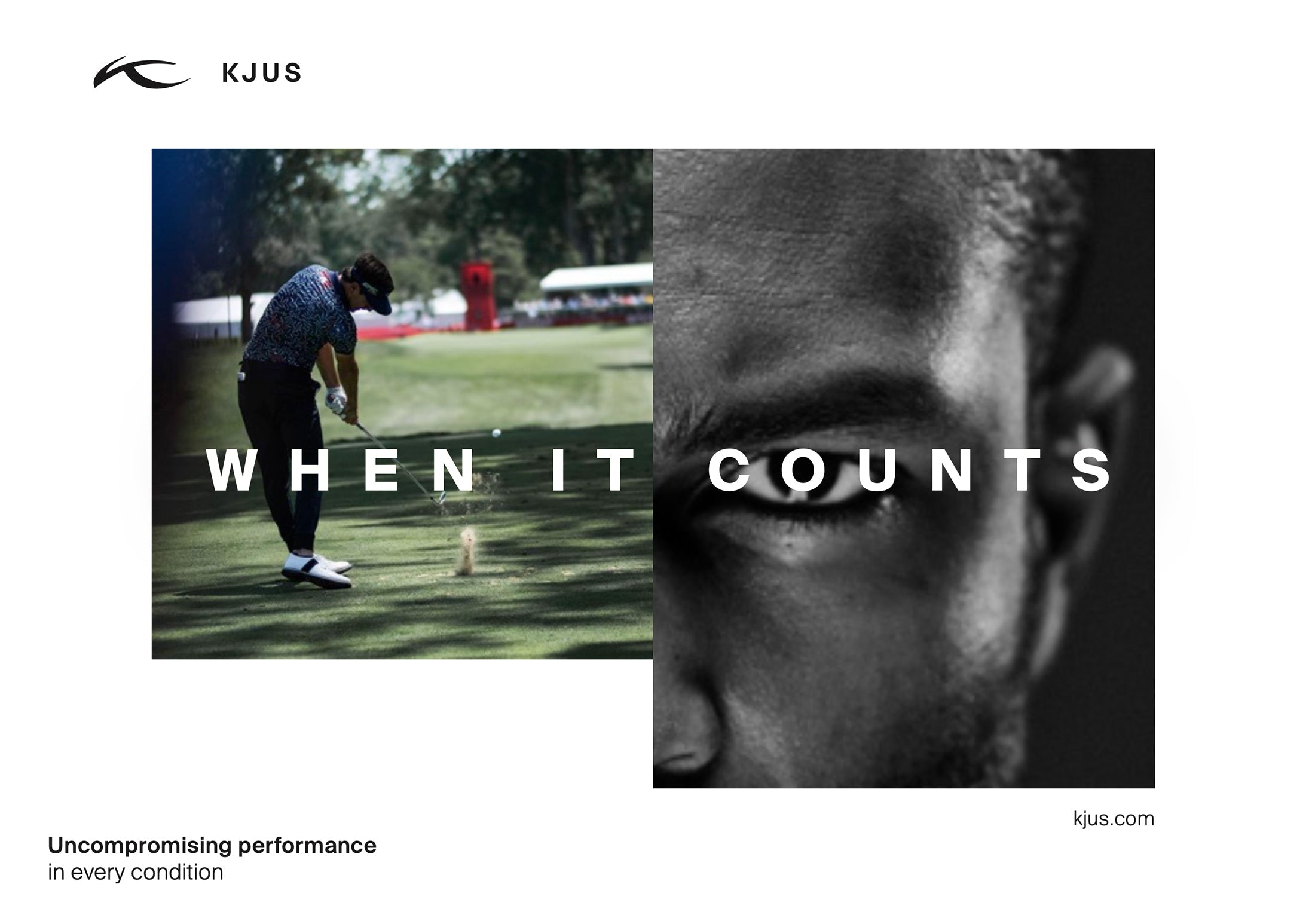 Golf advertisement with a player on the course and a close-up of a person's eye, featuring KJUS branding.