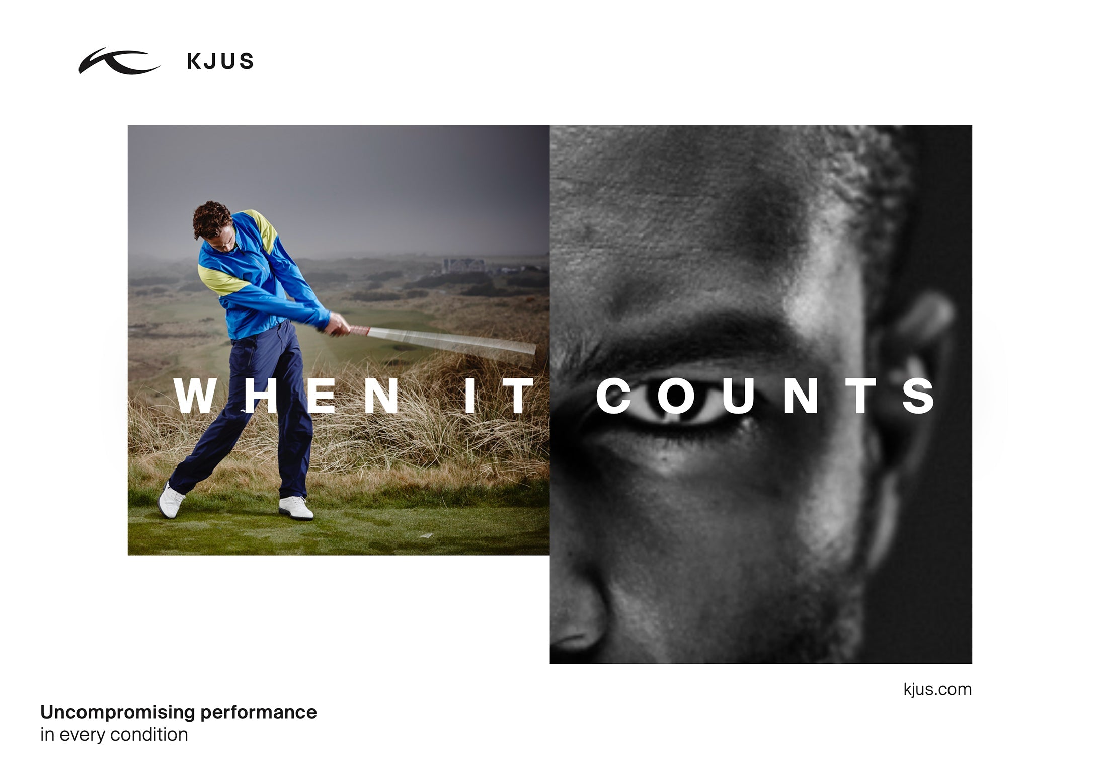 Golf advertisement with a golfer swinging a club and a close-up of a person's eye, featuring the KJUS brand.